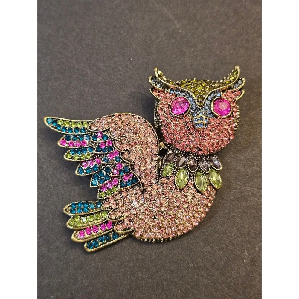LARGE Vintage‎ Style Owl Brooch Multicolor Rhinestone Gold Whimsical Cottagecore